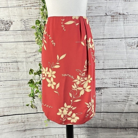 Judith Hart Skirt size 12 Coral Tan Floral Tropical Faux Wrap Pencil Knee Hawaii - Picture 2 of 14